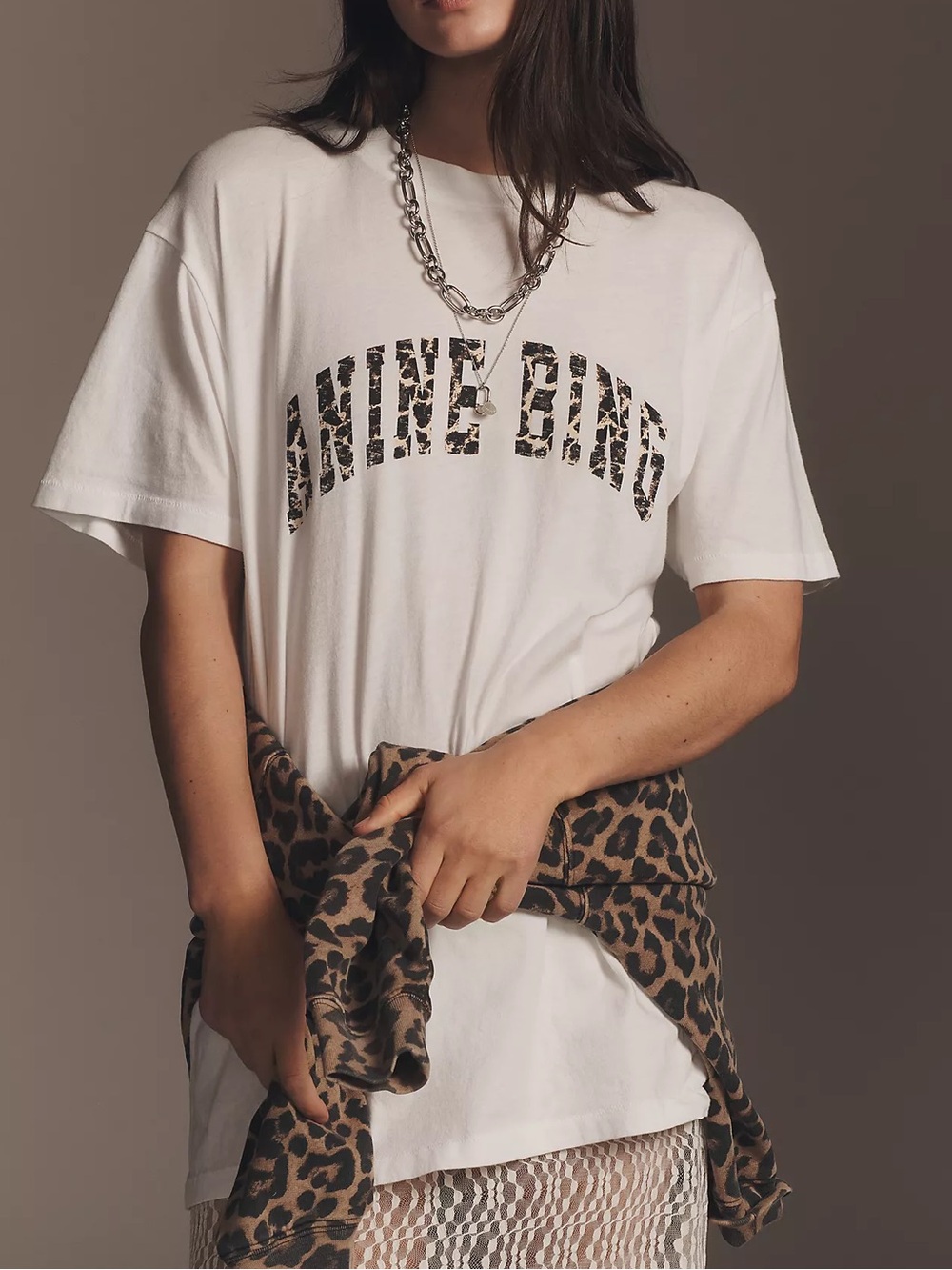 Anine Bing Walker Graphic Tee in Ivory White with Leopard Print Logo NWT